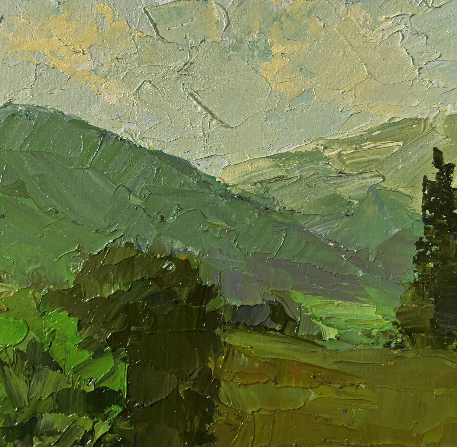Textured impressionist oil painting of Boris Serdyuk rolling green hills