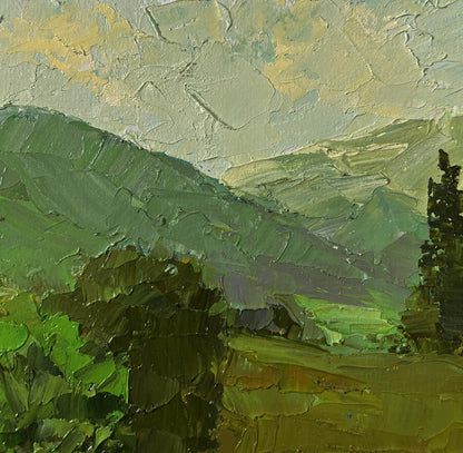 Textured impressionist oil painting of Boris Serdyuk rolling green hills