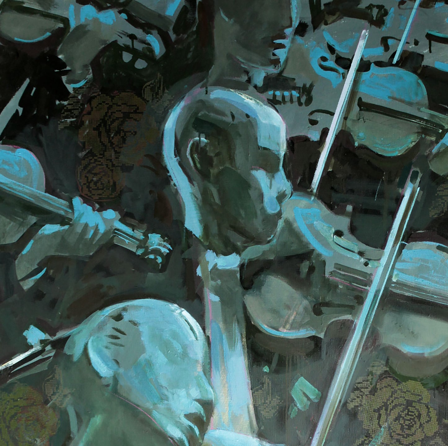 Stylized teal skeletal violinist with musicians, Suite Ed Potapenkov oil painting
