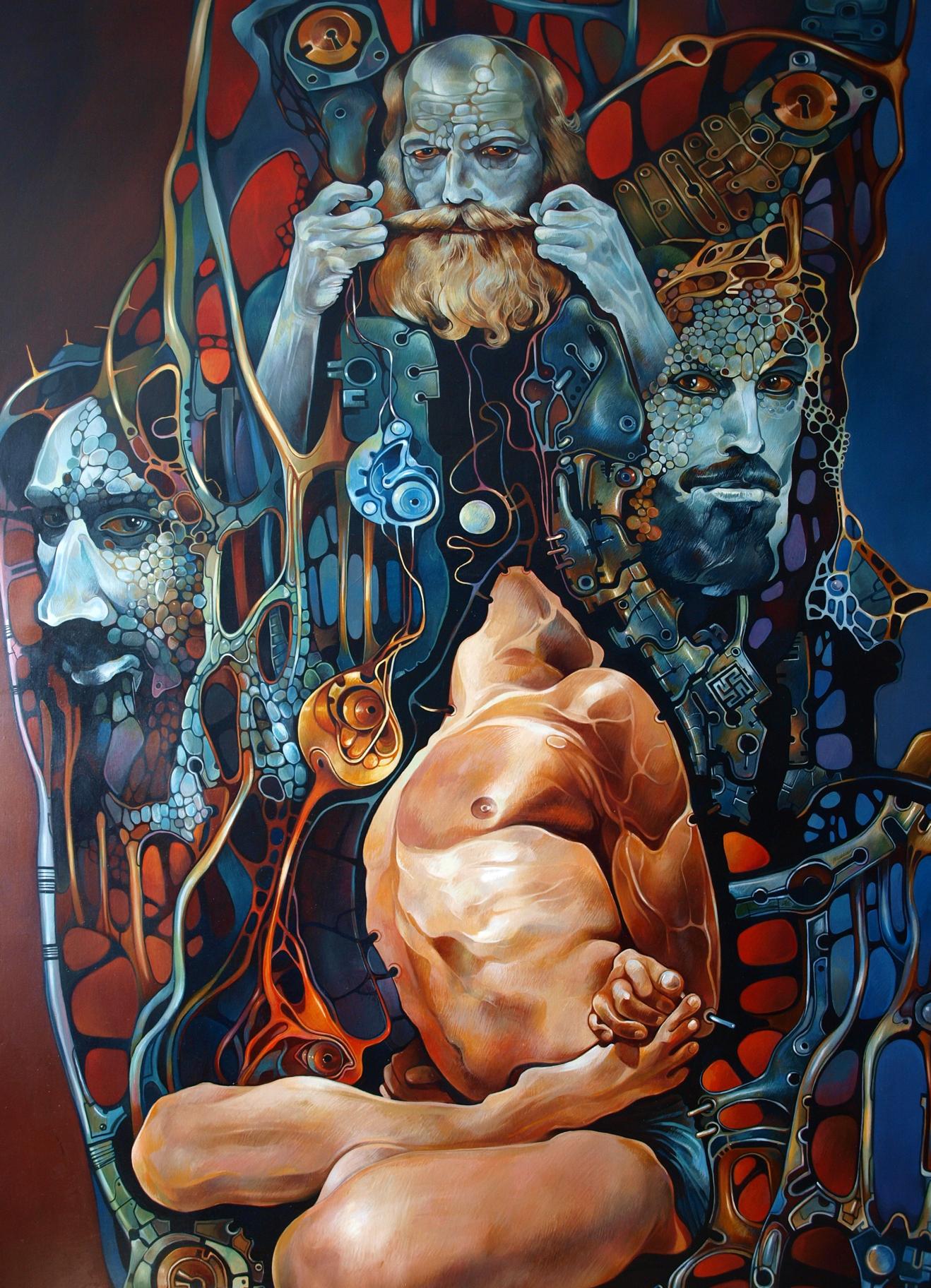 Surreal oil painting Kurukshetra Konsta G. Amelinn with nude muscular male figure