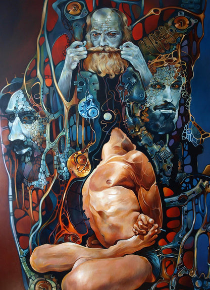 Surreal oil painting Kurukshetra Konsta G. Amelinn with nude muscular male figure
