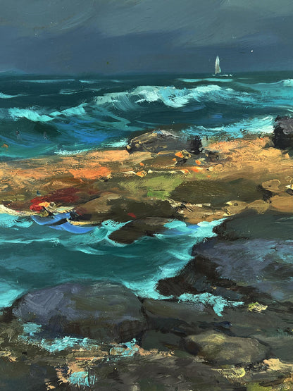 Oil painting Sea cloudy coast by Yuriy Suprunchuk stormy teal waves on rocks