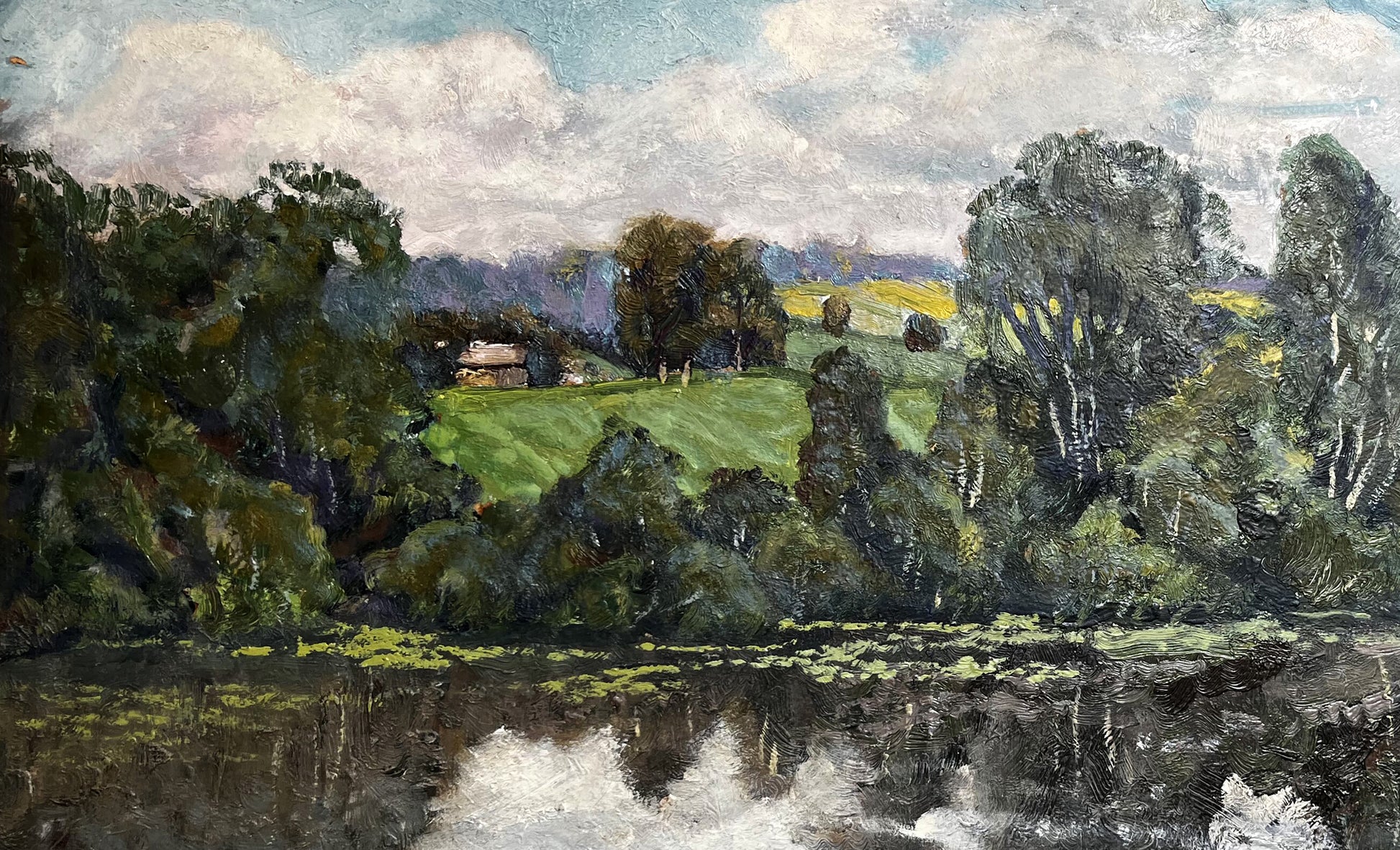 Serene impressionistic oil painting overlay of lush hills, trees, lake on summer day