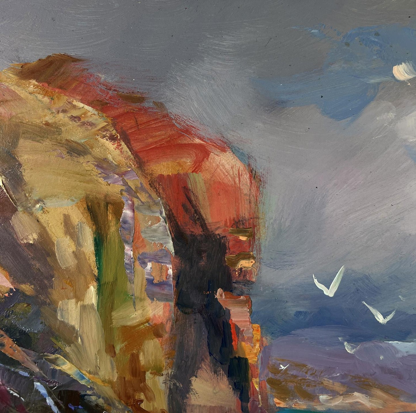 Oil painting of fishermen pulling nets by Yuriy Suprunchuk on rugged cliff