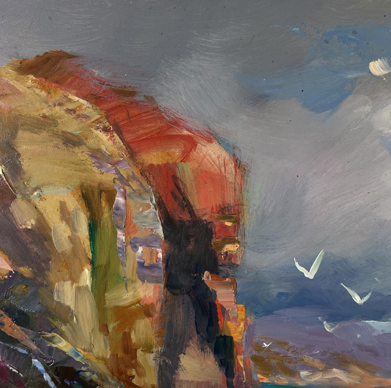 Oil painting of fishermen pulling nets by Yuriy Suprunchuk on rugged cliff