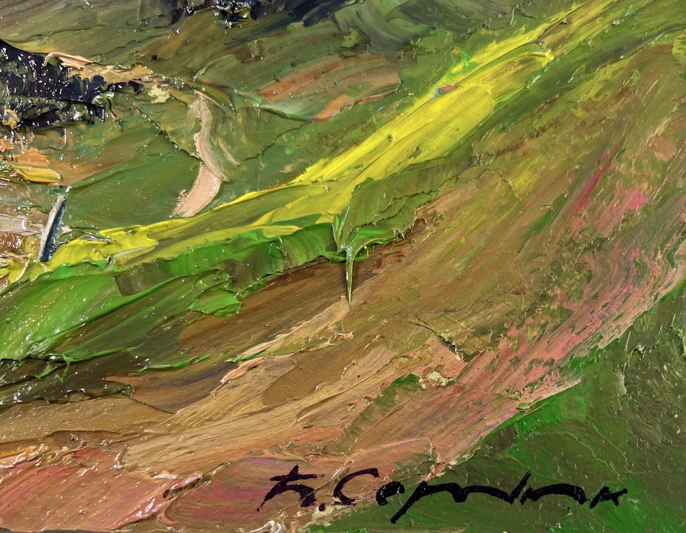 Vibrant impressionist oil painting Where the forest touches the mountains by Boris Serdyuk