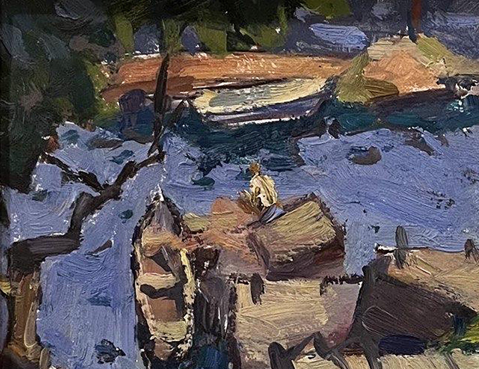 Oil painting City pier by Oleksandr Andreev, impressionist figure by waterway
