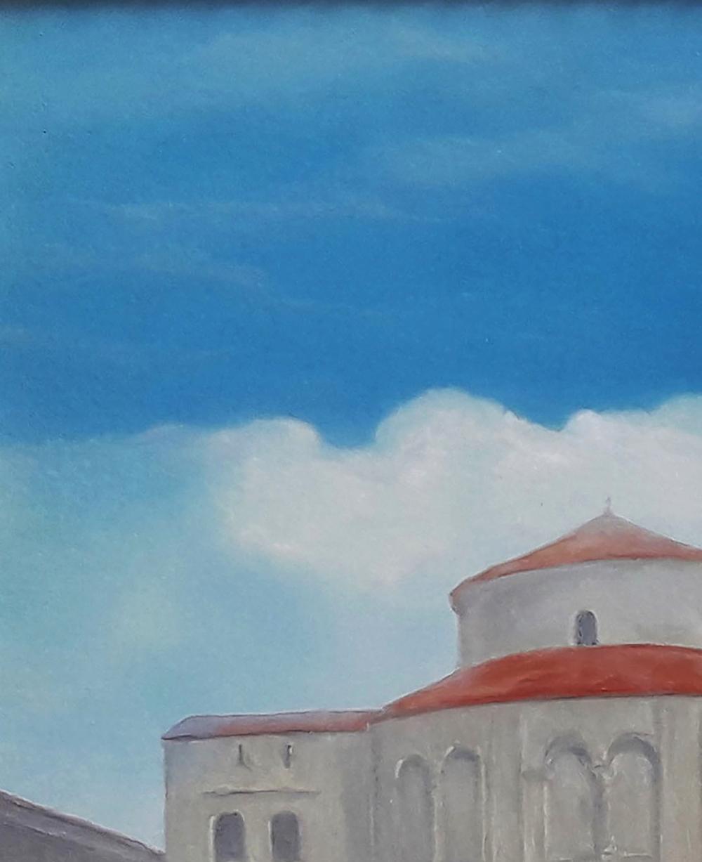 Oil painting of Church of St. Donatus by Vasily Korkishko, white stone with red dome