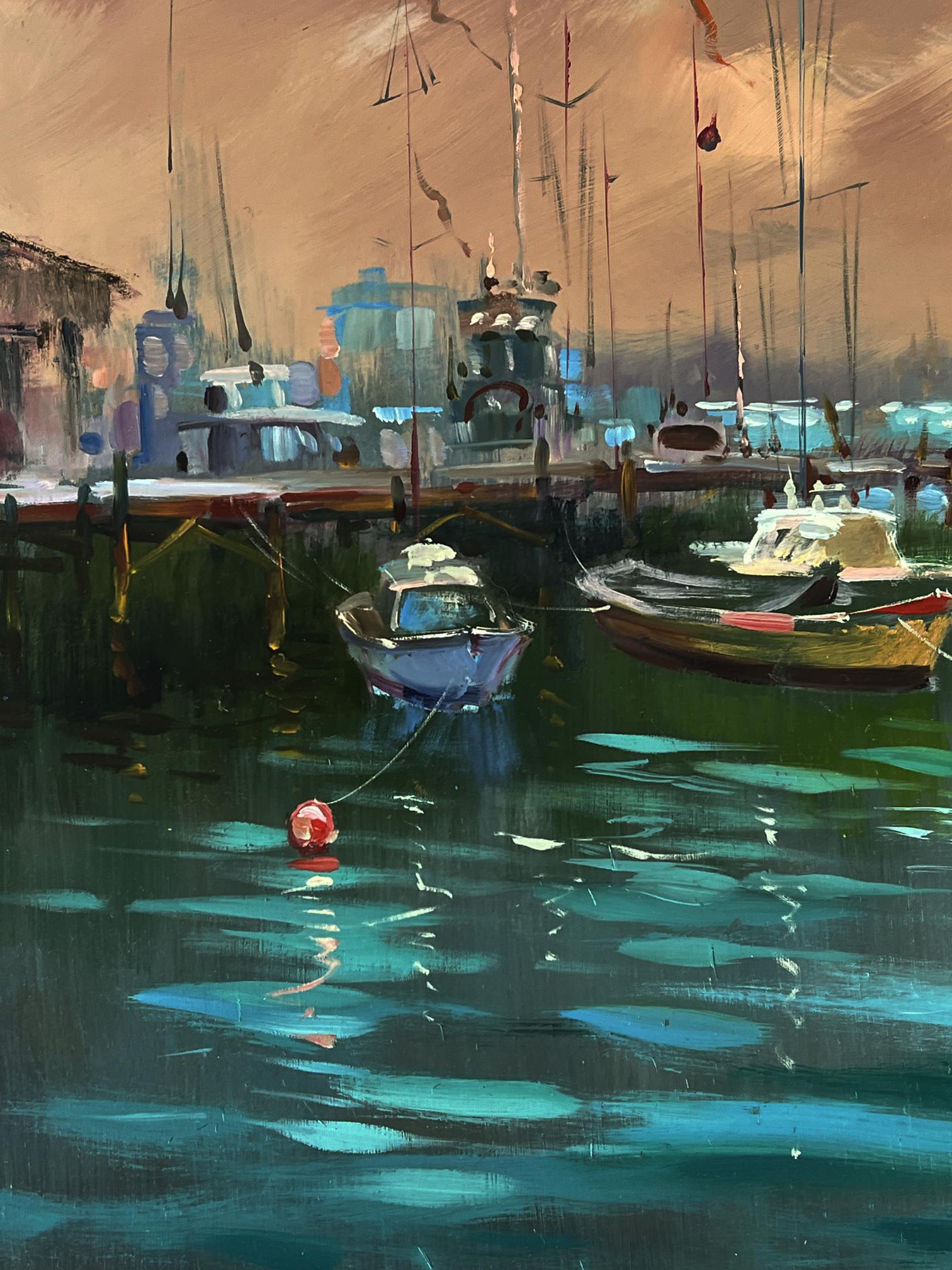 Oil painting of vibrant red buoy on teal water at sunset city pier by Yuriy Suprunchuk