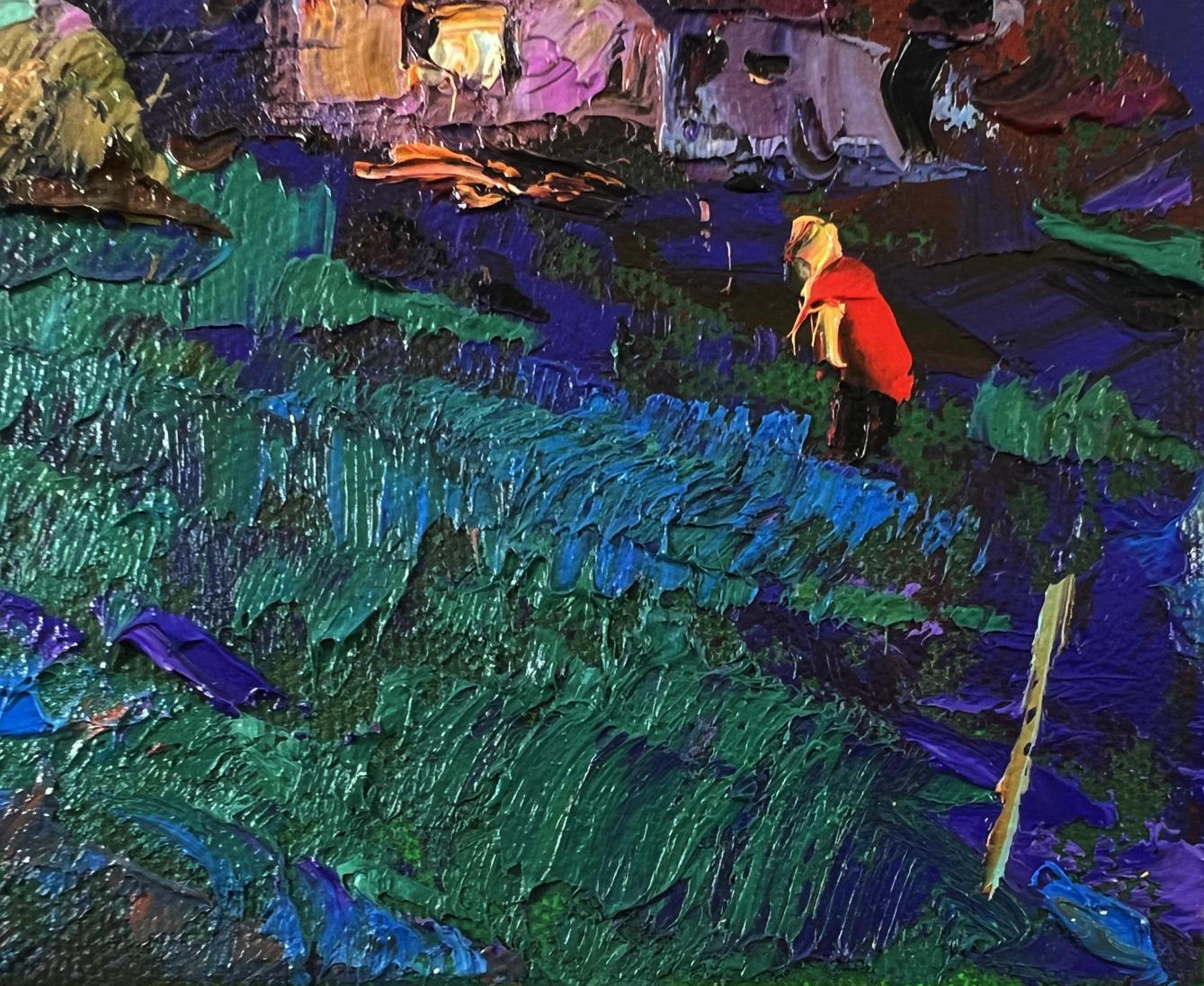 Oil painting Moonlit Country Night by Oksana Ivanyuk with red coat figure