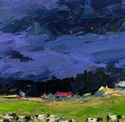 Oil painting Evening field by Boris Serdyuk: impressionist purple sky over green field