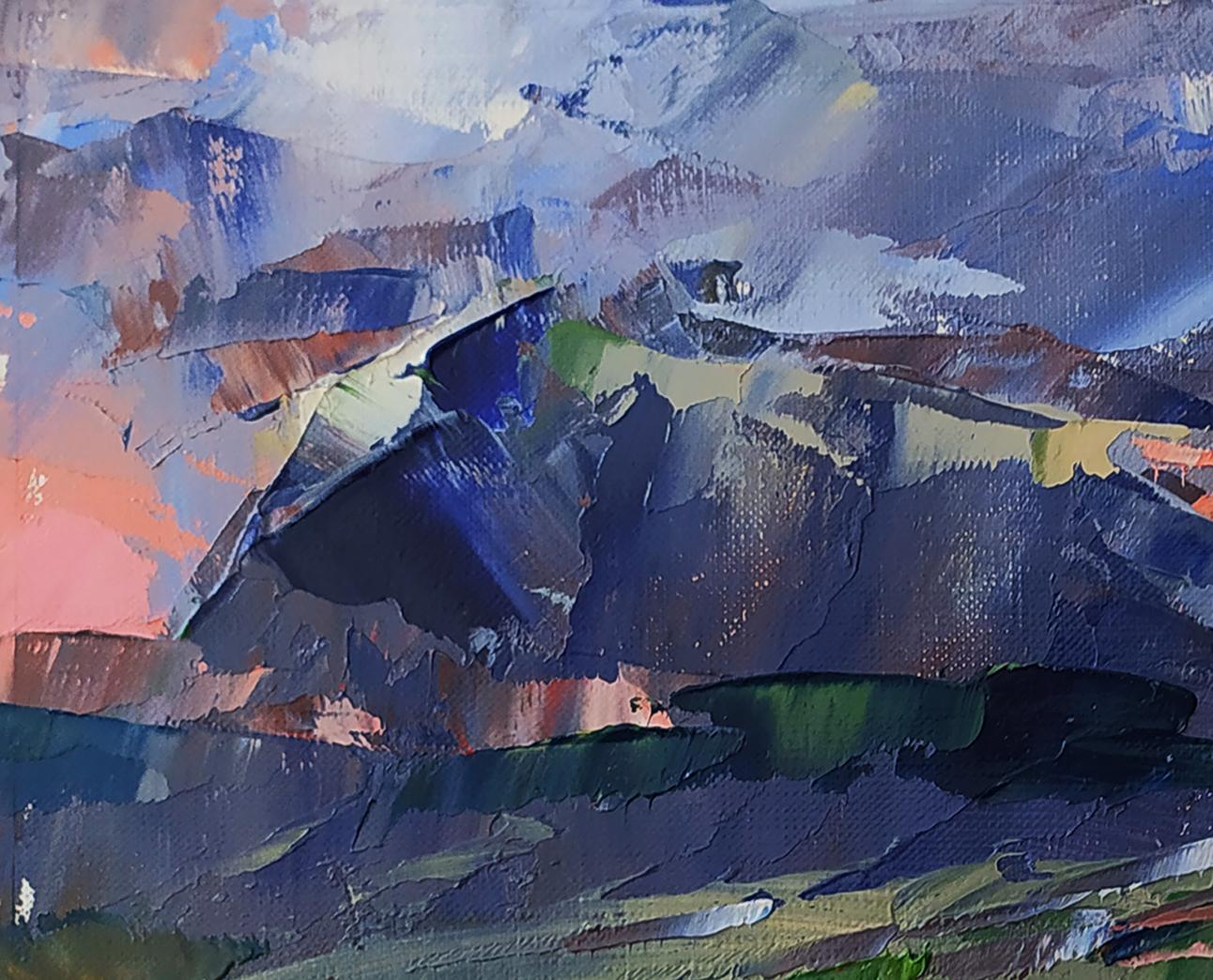 Oil painting Mountain sunset by Volodymyr Gluhomanyuk, textured abstract landscape