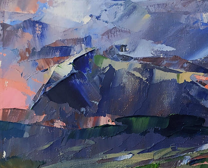 Oil painting Mountain sunset by Volodymyr Gluhomanyuk, textured abstract landscape