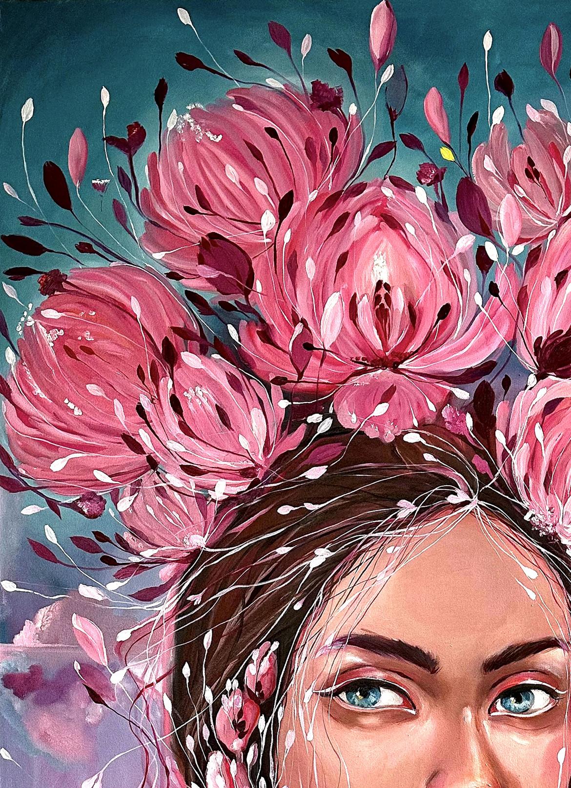 Oil painting Pions by Victoria Kagalovska: woman with blue eyes in floral crown