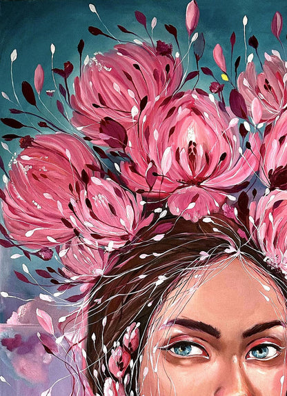 Oil painting Pions by Victoria Kagalovska: woman with blue eyes in floral crown