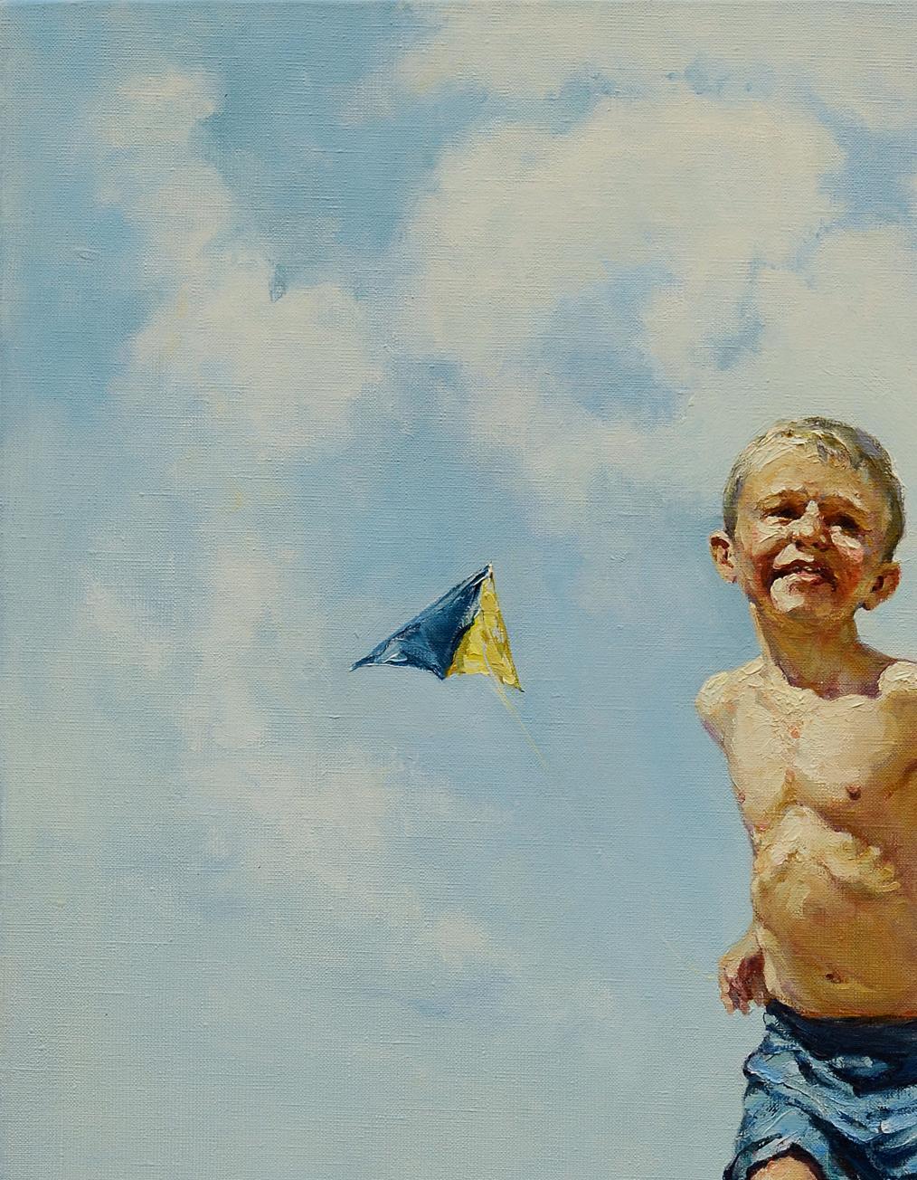 Oil painting of blue yellow kite soaring over sunny island by Oleg Kateryniuk