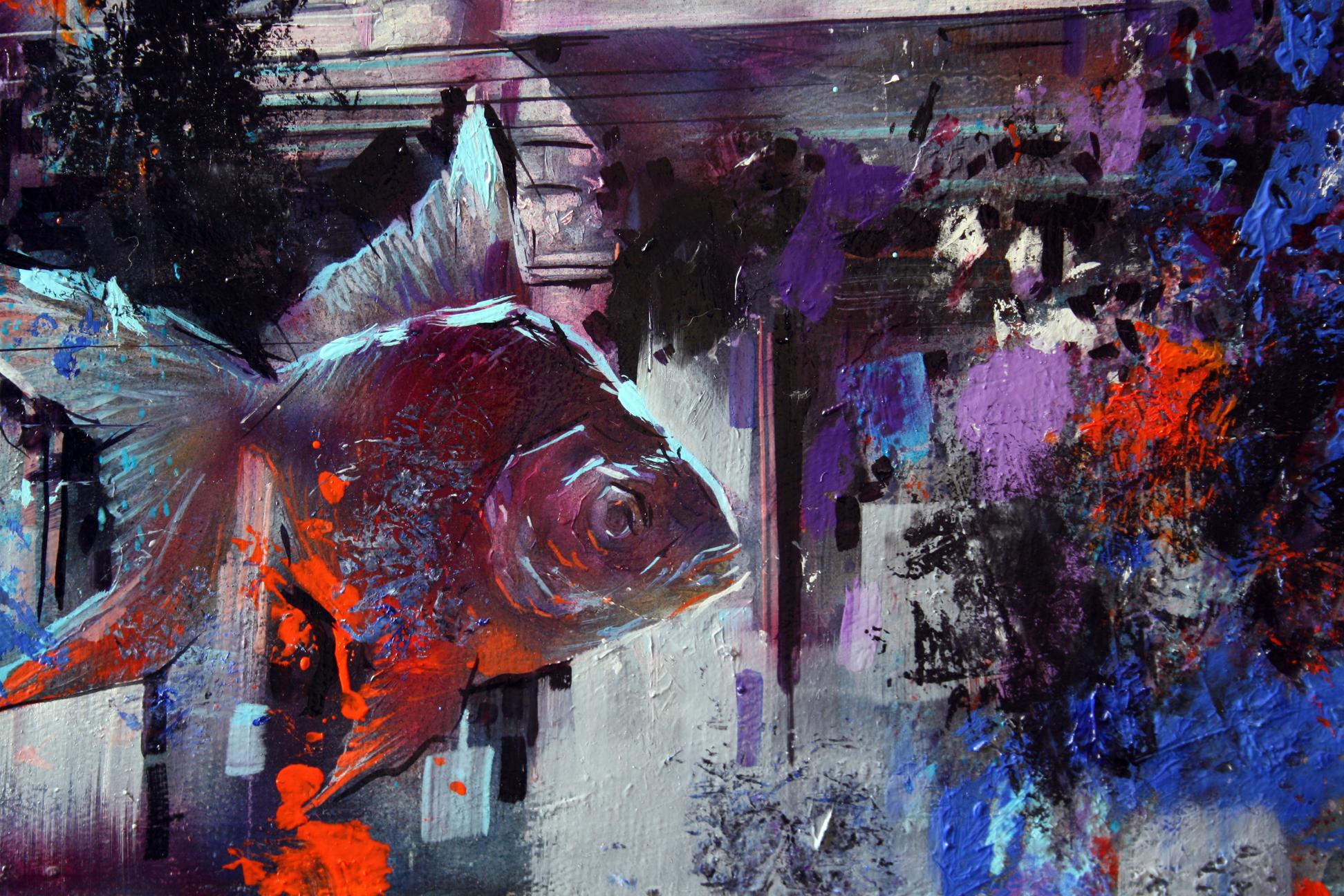 Oil painting Waiting for a Miracle by Alexander Dobrodiy: vibrant red orange goldfish