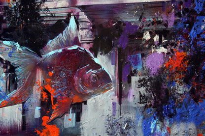 Oil painting Waiting for a Miracle by Alexander Dobrodiy: vibrant red orange goldfish