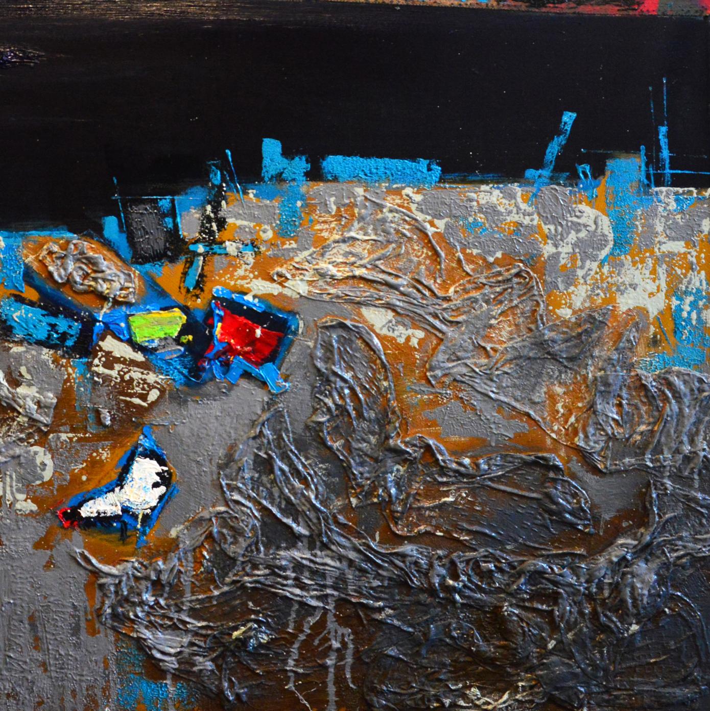 Oil painting At the River by Natalia Korf-Ivaniuk, abstract gray orange blue with red green accents