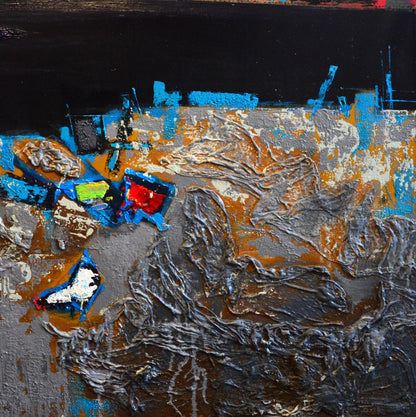 Oil painting At the River by Natalia Korf-Ivaniuk, abstract gray orange blue with red green accents