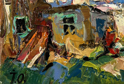 Vibrant oil painting of Oleksiy Ivanyuk village courtyard in impasto style