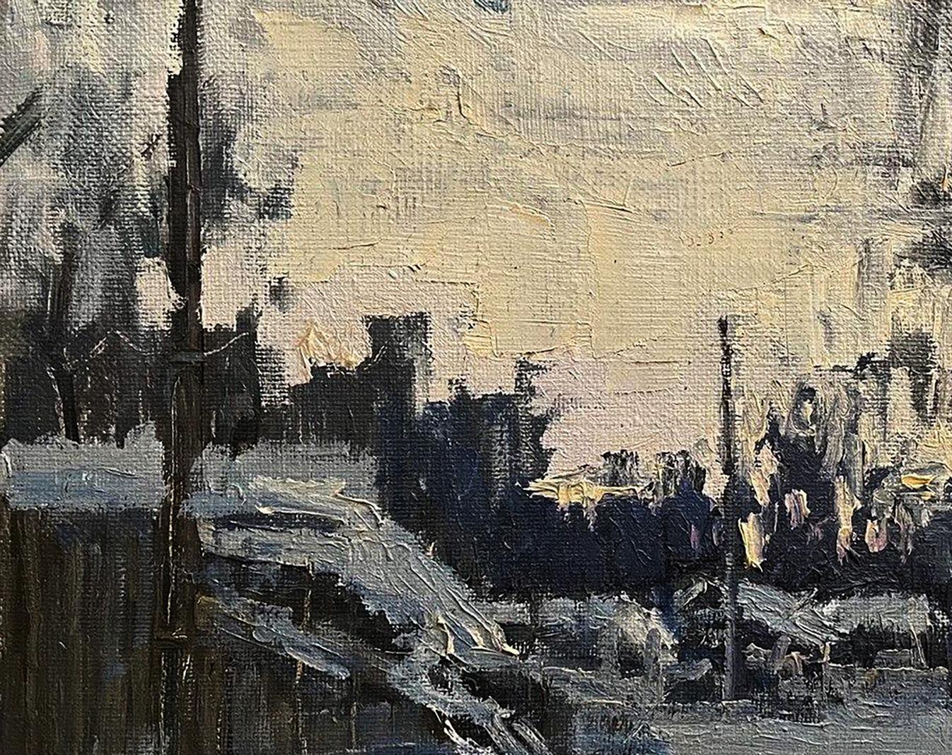 Oil painting Gentle Snow by Volodymyr Pashchenko moody urban landscape