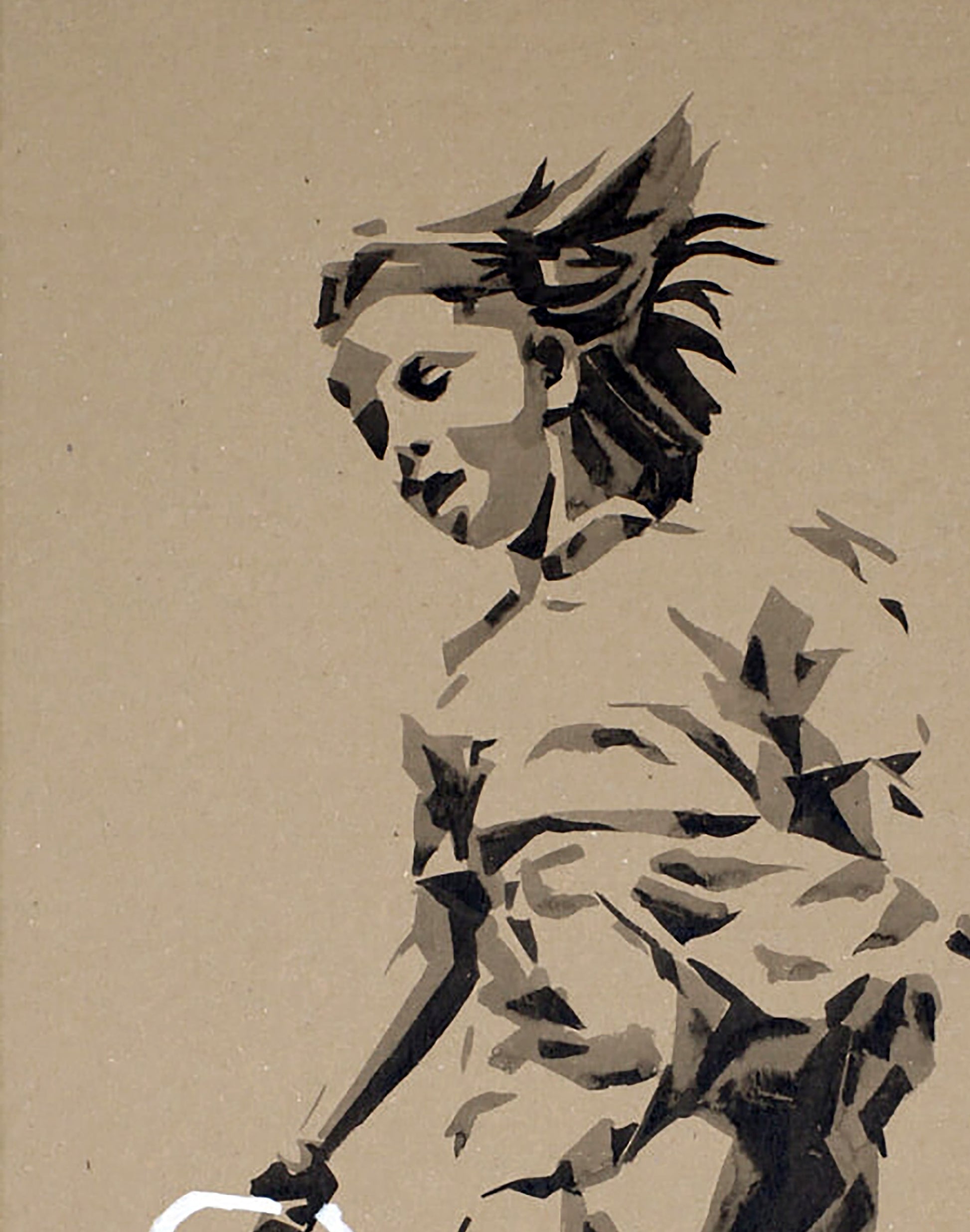 Stylized black gray stencil of spiky-haired girl jumping by Dima Filatov