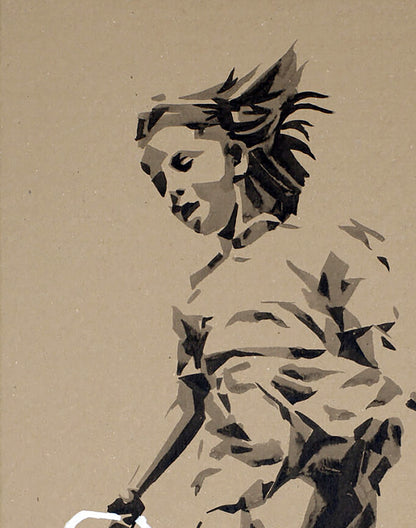 Stylized black gray stencil of spiky-haired girl jumping by Dima Filatov