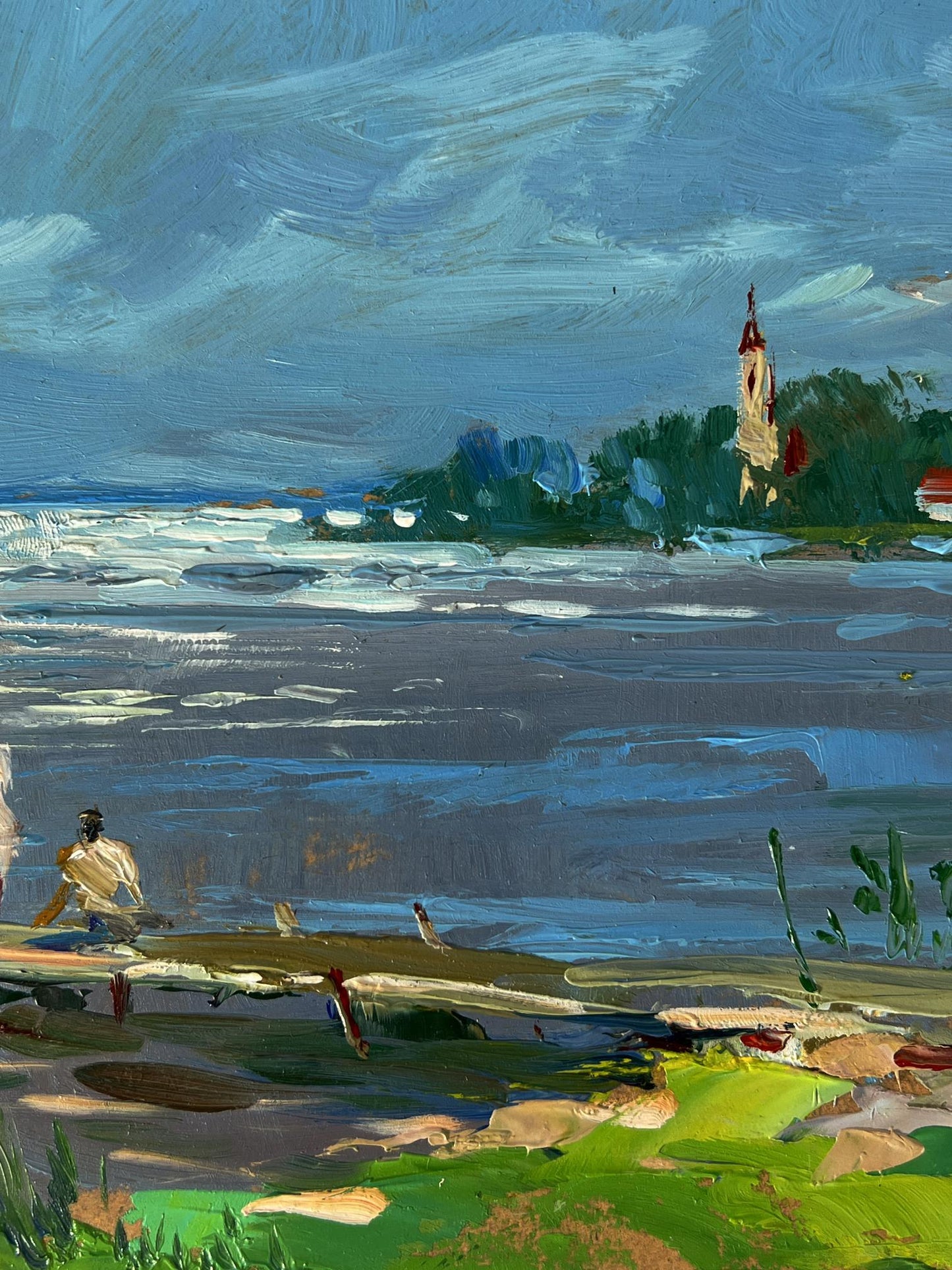 Serene impressionist oil painting of bridge by river by Yuriy Suprunchuk