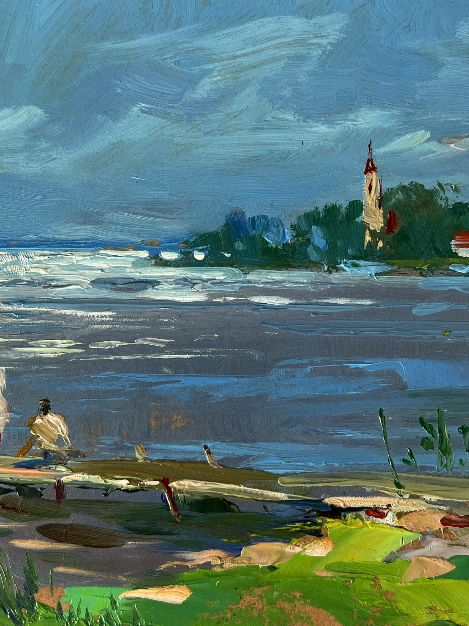 Serene impressionist oil painting of bridge by river by Yuriy Suprunchuk