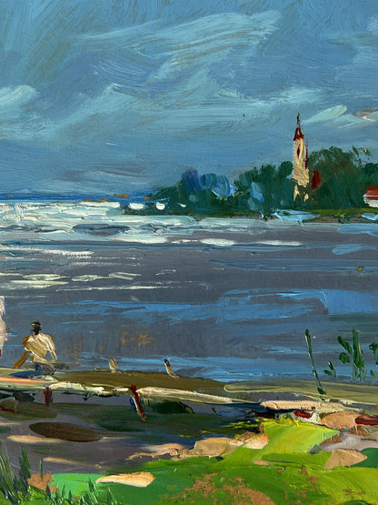 Serene impressionist oil painting of bridge by river by Yuriy Suprunchuk