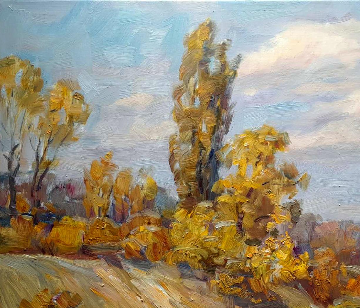 Autumn park oil painting by Ivan Kovalenko with golden trees and blue sky