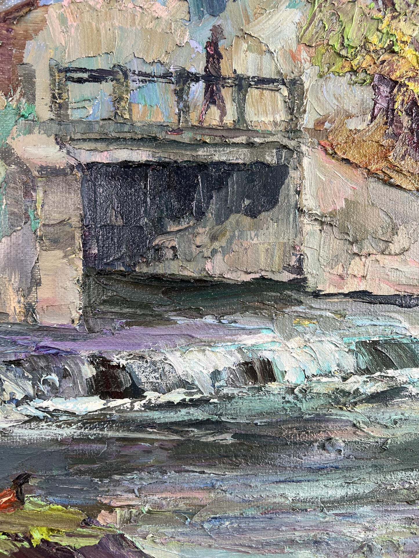 Impressionistic oil painting of stone bridge over water by Boris Serdyuk