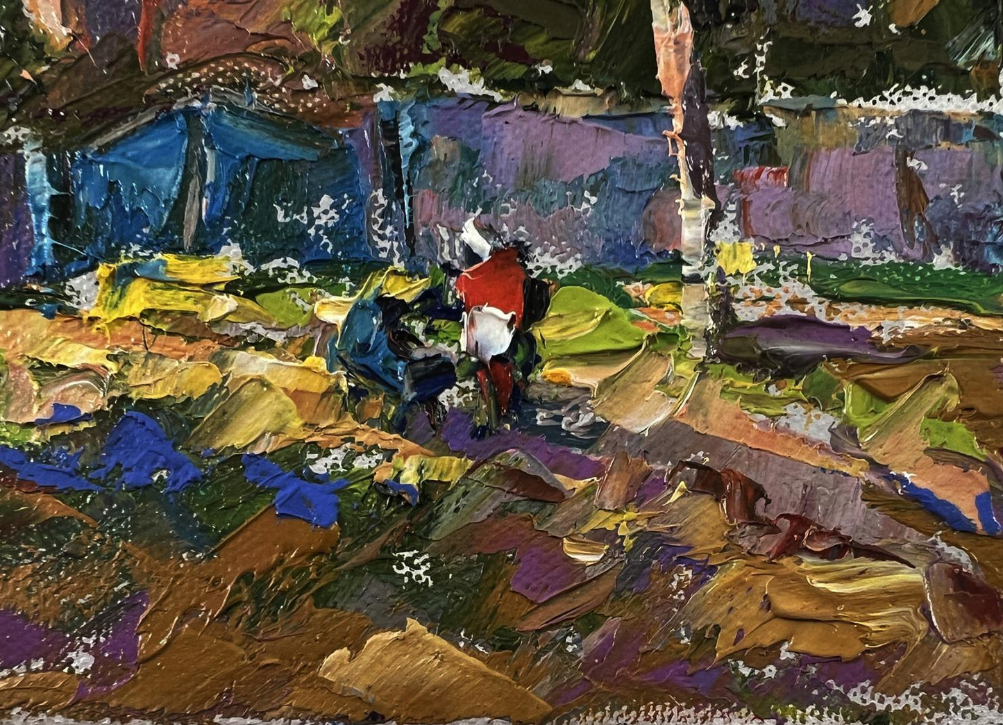 Oil painting of village street by Oleksiy Ivanyuk with red figure