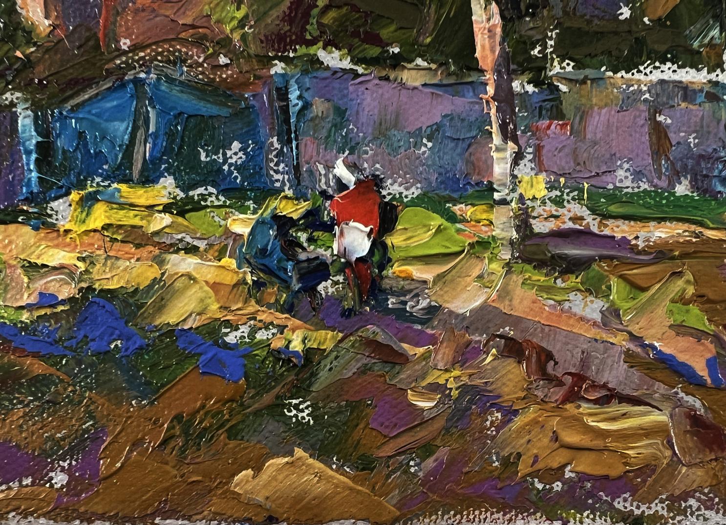 Oil painting of village street by Oleksiy Ivanyuk with red figure