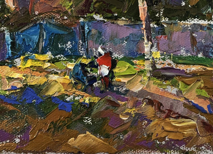 Oil painting of village street by Oleksiy Ivanyuk with red figure