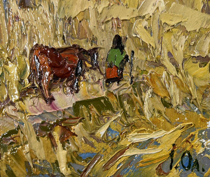 Oil painting At the forest edge by Oleksiy Ivanyuk: horse and figure in fields