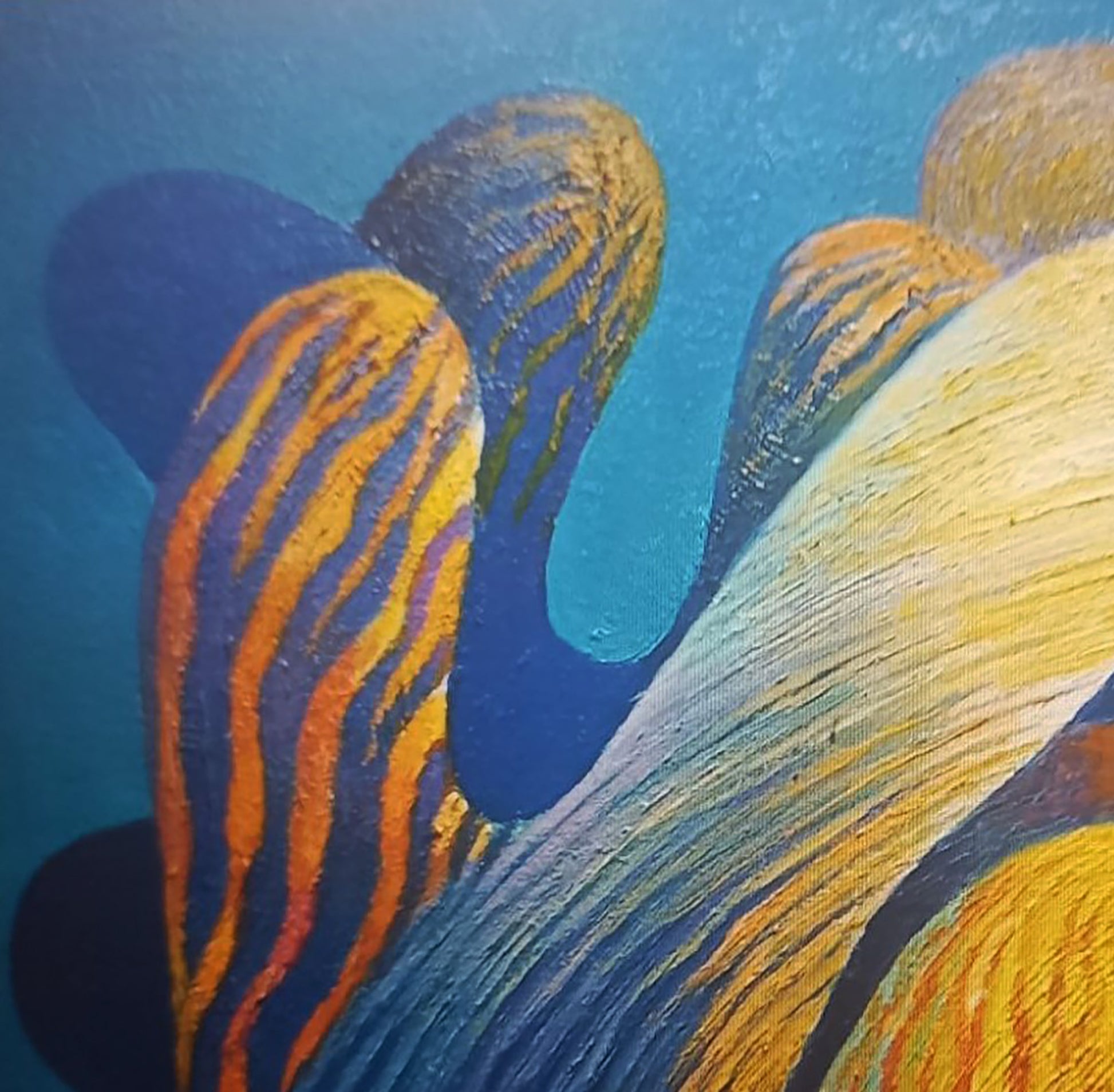 Oil painting Under the water by Alexander Strashevich, vibrant orange blue stripes on teal
