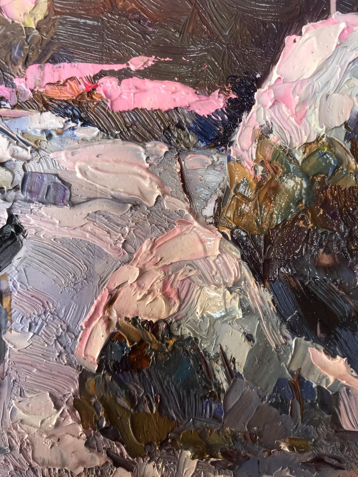 Oil painting Moonlit frosty night by Oksana Ivanyuk with impasto pink gray tones