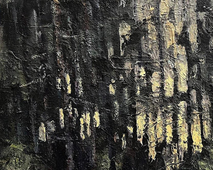 Oil painting Early snow by Volodymyr Pashchenko, abstract black-yellow strokes