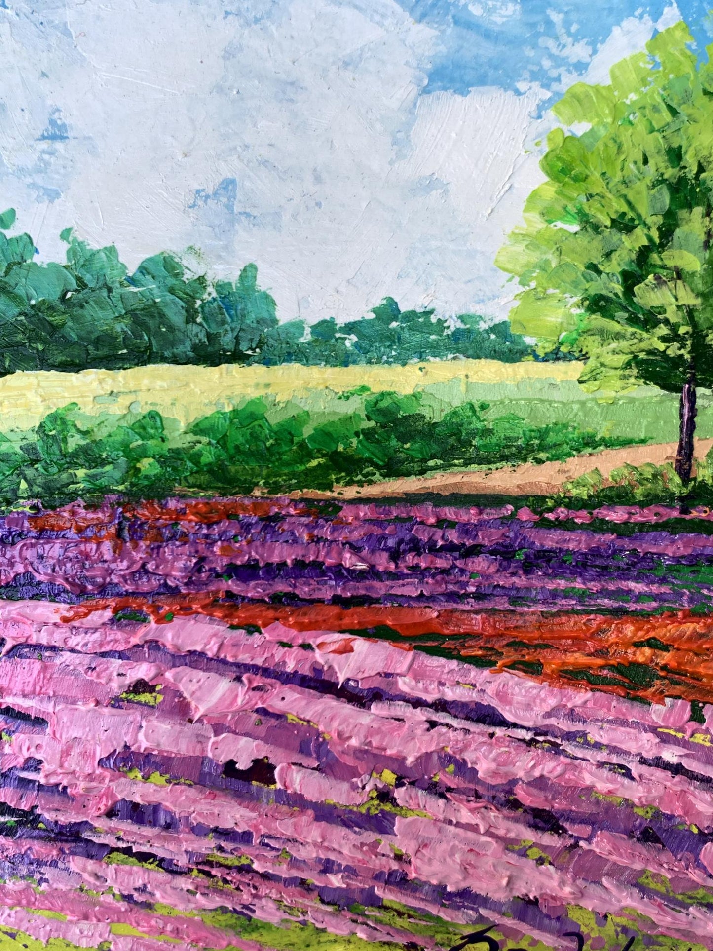 Vibrant impressionist oil painting of lavender fields near mountains by V. Zadorozhnya