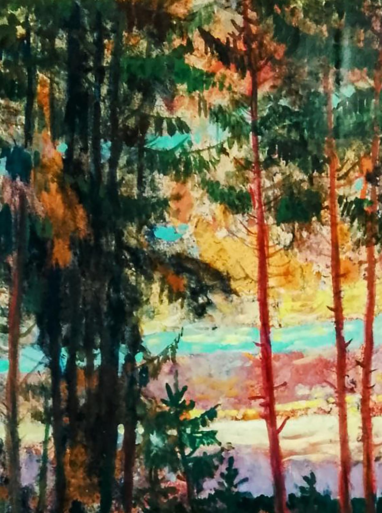 Vibrant impressionist oil painting of red clouds over forest by Vitaly Duhnevich