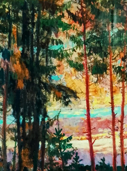 Vibrant impressionist oil painting of red clouds over forest by Vitaly Duhnevich