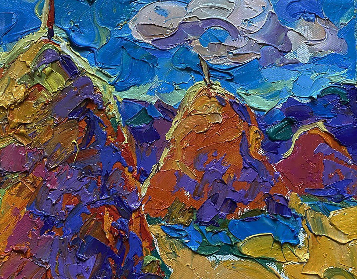 Vibrant impressionist oil painting of haystacks in summer field by Oleksiy Ivanyuk