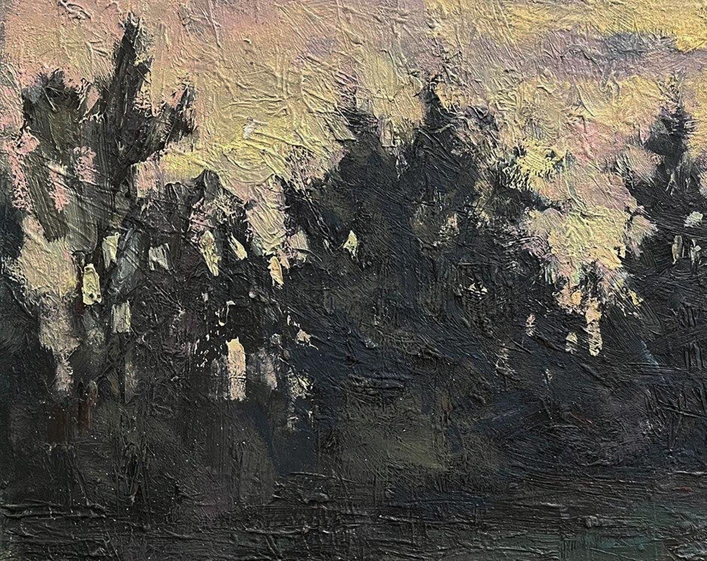 Textured oil painting by Volodymyr Pashchenko: dark silhouetted green forest trees against warm yellow pink sky