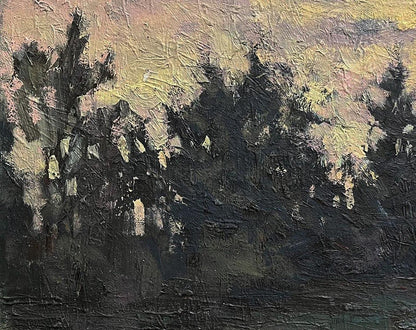 Textured oil painting by Volodymyr Pashchenko: dark silhouetted green forest trees against warm yellow pink sky