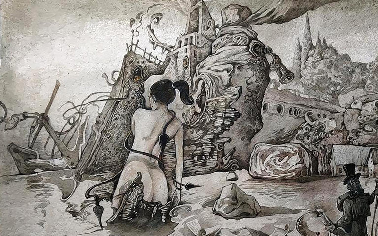 Surreal back view of nude woman before monstrous mechanical castle by Yuriy Laptev