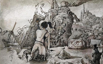 Surreal back view of nude woman before monstrous mechanical castle by Yuriy Laptev