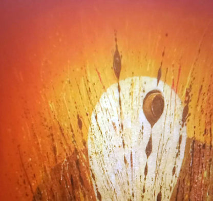 Oil painting Flash by Alexander Strashevich: white circle with brown splatters on orange gradient