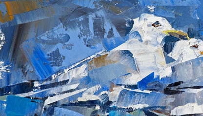 Oil painting Three Little Birds by Volodymyr Gluhomanyuk with blue brushstrokes